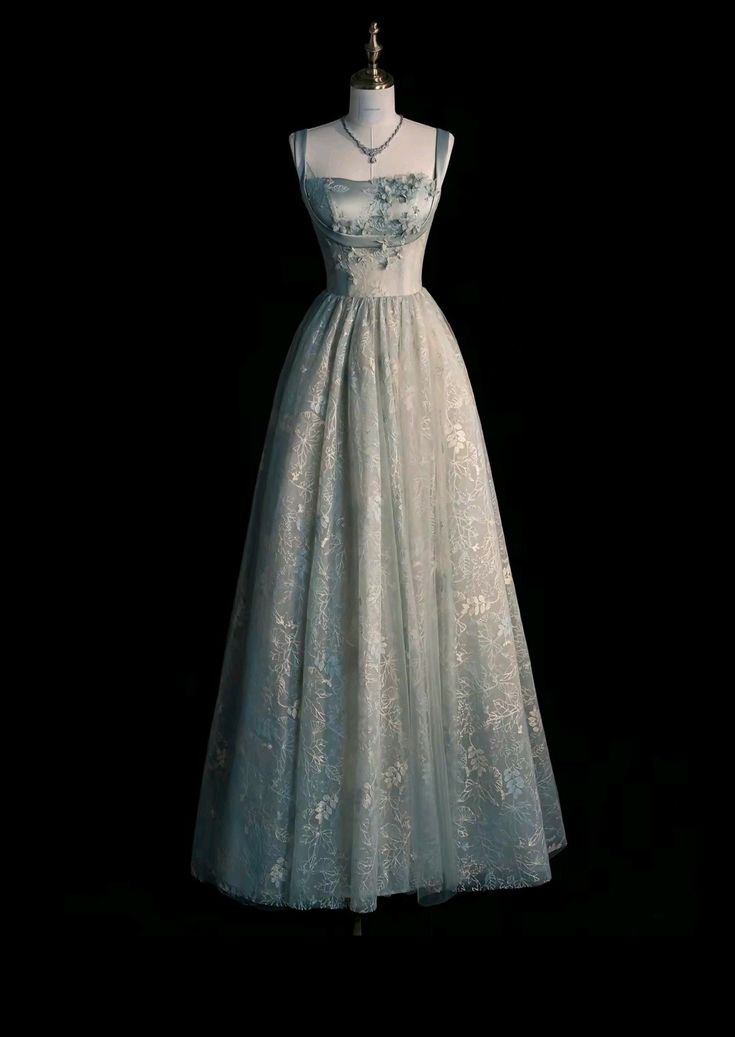 Spaghetti Straps A-line Embroidery Satin Tulle Long Prom Dresses,Sweet 16 Dress With Appliqu¨¦ HZ1024