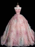 A-line Strapless Tulle long prom dress, pink sweet formal dress HZ1024
