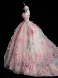 A-line Strapless Tulle long prom dress, pink sweet formal dress HZ1024
