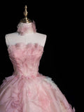 A-line Strapless Tulle long prom dress, pink sweet formal dress HZ1024