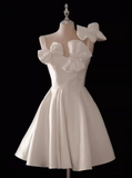 A-line spaghetti strap satin short prom dress, white bridesmaid dress HZ1024