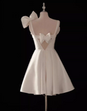 A-line spaghetti strap satin short prom dress, white bridesmaid dress HZ1024