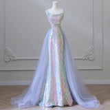 Mermaid Spaghetti Tulle Sequin Long Prom Dress, Blue Long Formal Dress HZ1024