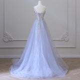 Mermaid Spaghetti Tulle Sequin Long Prom Dress, Blue Long Formal Dress HZ1024