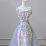 Mermaid Spaghetti Tulle Sequin Long Prom Dress, Blue Long Formal Dress HZ1024