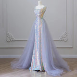 Mermaid Spaghetti Tulle Sequin Long Prom Dress, Blue Long Formal Dress HZ1024