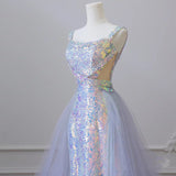 Mermaid Spaghetti Tulle Sequin Long Prom Dress, Blue Long Formal Dress HZ1024