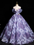 Elegant A-line Off-shoulder Long Prom Dress, Purple Long Formal Dress HZ1024