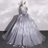 A-line V-neck Tulle Long Prom Dress, Grey Long Formal Dress HZ1024