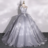 A-line V-neck Tulle Long Prom Dress, Grey Long Formal Dress HZ1024