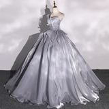 A-line V-neck Tulle Long Prom Dress, Grey Long Formal Dress HZ1024
