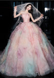 A-line Strapless Tulle long prom dress, pink sweet formal dress HZ1024
