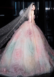 A-line Strapless Tulle long prom dress, pink sweet formal dress HZ1024