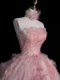 A-line Strapless Tulle long prom dress, pink sweet formal dress HZ1024