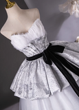 Gray A-Line Sweetheart neck Long Satin Tulle Prom Dress, Silver Gray Formal Dress HZ1024