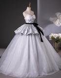Gray A-Line Sweetheart neck Long Satin Tulle Prom Dress, Silver Gray Formal Dress HZ1024