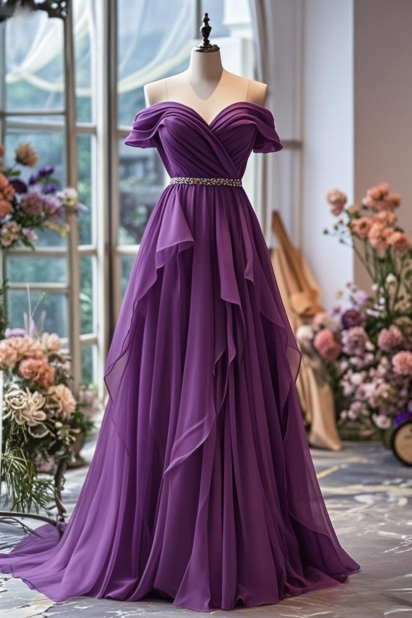 A-line Off-shoulder Chiffon Long Prom Dress Formal Evening Gown HZ1024