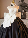 and Black A-Line Strapless Satin Long Prom Dress, A-Line Formal Evening Party Dress HZ1024