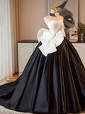 and Black A-Line Strapless Satin Long Prom Dress, A-Line Formal Evening Party Dress HZ1024
