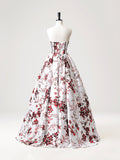 Strapless White Floral Satin Long Prom Dress, Sweetheart Neck Formal Party Dress HZ1024