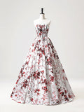 Strapless White Floral Satin Long Prom Dress, Sweetheart Neck Formal Party Dress HZ1024