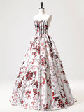 Strapless White Floral Satin Long Prom Dress, Sweetheart Neck Formal Party Dress HZ1024