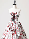 Strapless White Floral Satin Long Prom Dress, Sweetheart Neck Formal Party Dress HZ1024