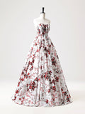 Strapless White Floral Satin Long Prom Dress, Sweetheart Neck Formal Party Dress HZ1024