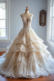 A-line V-neck Tulle Lace Long Prom Dress, Vintage Wedding Dress HZ1024