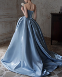 A-line Strapless Satin Long Ball Dress, Blue Formal Dress HZ1024