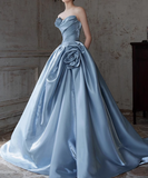 A-line Strapless Satin Long Ball Dress, Blue Formal Dress HZ1024
