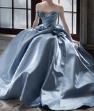 A-line Strapless Satin Long Ball Dress, Blue Formal Dress HZ1024