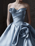 A-line Strapless Satin Long Ball Dress, Blue Formal Dress HZ1024