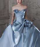 A-line Strapless Satin Long Ball Dress, Blue Formal Dress HZ1024