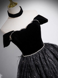 A-line Off-shoulder Velvet Tulle Sequin Long Prom Dress, Black Formal Dress HZ1024