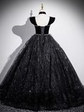 A-line Off-shoulder Velvet Tulle Sequin Long Prom Dress, Black Formal Dress HZ1024