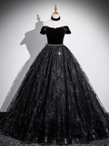 A-line Off-shoulder Velvet Tulle Sequin Long Prom Dress, Black Formal Dress HZ1024