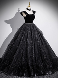 A-line Off-shoulder Velvet Tulle Sequin Long Prom Dress, Black Formal Dress HZ1024