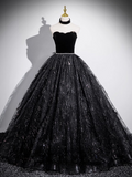 A-line Off-shoulder Velvet Tulle Sequin Long Prom Dress, Black Formal Dress HZ1024