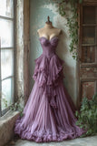 A-line Sweetheart Neck Tulle Beaded Long Prom Dress, Vintage Formal Dress HZ1024