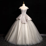 Grey A-line Off-shoulder Neck Sequin Tulle Long Prom Dress, Elegant Formal Dress HZ1024