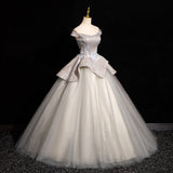 Grey A-line Off-shoulder Neck Sequin Tulle Long Prom Dress, Elegant Formal Dress HZ1024