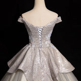 Grey A-line Off-shoulder Neck Sequin Tulle Long Prom Dress, Elegant Formal Dress HZ1024