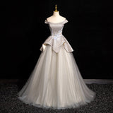 Grey A-line Off-shoulder Neck Sequin Tulle Long Prom Dress, Elegant Formal Dress HZ1024