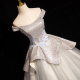Grey A-line Off-shoulder Neck Sequin Tulle Long Prom Dress, Elegant Formal Dress HZ1024
