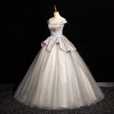 Grey A-line Off-shoulder Neck Sequin Tulle Long Prom Dress, Elegant Formal Dress HZ1024