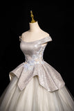 Grey A-line Off-shoulder Neck Sequin Tulle Long Prom Dress, Elegant Formal Dress HZ1024