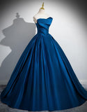 A-line Strapless Satin Long Prom Dress, Blue Formal Dress HZ1024