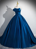 A-line Strapless Satin Long Prom Dress, Blue Formal Dress HZ1024