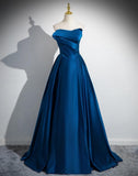 A-line Strapless Satin Long Prom Dress, Blue Formal Dress HZ1024